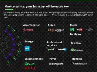 74
Accomodation Retail Media
Energy Professional
services
Entertainment Travel Banking
Telecom
Software is eating industries one after the other, with young startups reinventing business models
and value propositions to conquer the world at once. If your industry is safe, it probably won’t be for
long.
One certainty: your industry will be eaten too
 