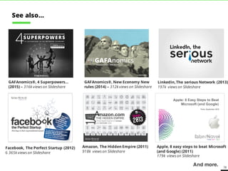 78
Facebook, The Perfect Startup (2012)
6 365k views on Slideshare
Amazon, The Hidden Empire (2011)
918k views on Slideshare
•••
Three digital engines to reshape
and dominate retail
mazon.com
THE HIDDEN EMPIRE
Linkedin,The serious Network (2013)
197k views on Slideshare
And more.
Apple: 8 Easy Steps to Beat
Microsoft (and Google)
Paris, September 2010
Apple, 8 easy steps to beat Microsoft
(and Google) (2011)
179k views on Slideshare
GAFAnomics®, New Economy New
rules (2014) – 312k views on Slideshare
GAFAnomics®, 4 Superpowers…
(2015) – 316k views on Slideshare
See also…
 