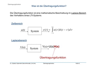 Dr. Oubbati, Kybernetik (Neuroinformatik, Uni-Ulm) Übertragungsfunktion SoSe12
Die Übertragungsfunktion ist eine mathematische Beschreibung im Laplace-Bereich
des Verhaltens eines LTI-Systems.
Was ist die Übertragungsfunktion?
Systemu(t) ∫
+∞
∞−
−= τττ dthuty )()()(
SystemU(s) Y(s)=U(s)H(s)
Zeitbereich
Laplacebereich
Übertragungsfunktion
Übertragungsfunktion
 