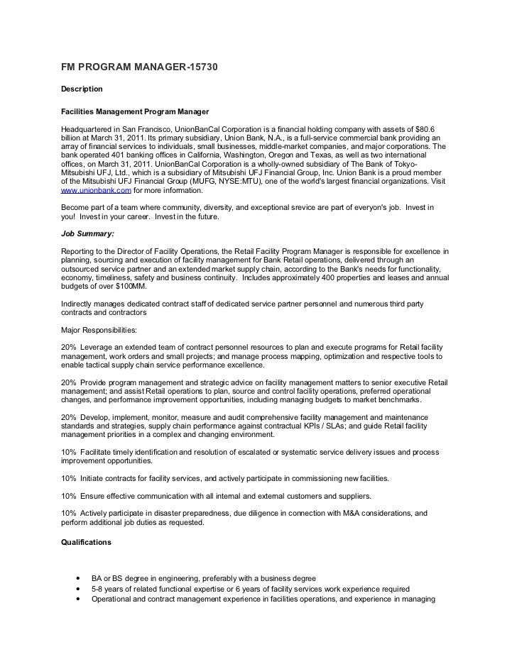 union bank facility manager program manager job posting facilities manager job description