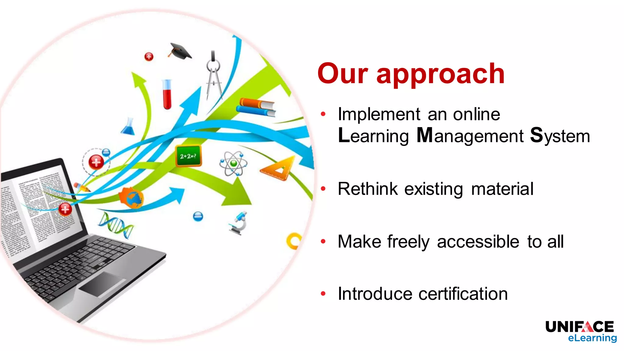 Our approach
• Implement an online
Learning Management System
• Rethink existing material
• Make freely accessible to all
• Introduce certification
 