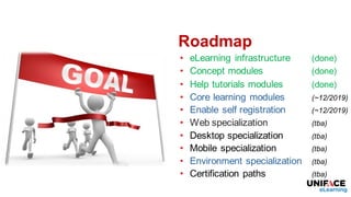Roadmap
• eLearning infrastructure (done)
• Concept modules (done)
• Help tutorials modules (done)
• Core learning modules (~12/2019)
• Enable self registration (~12/2019)
• Web specialization (tba)
• Desktop specialization (tba)
• Mobile specialization (tba)
• Environment specialization (tba)
• Certification paths (tba)
 
