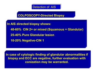 Detection of AIS
COLPOSCOPY-Directed Biopsy
In AIS directed biopsy shows:
40-60% CIN 2+ or mixed (Squamous + Glandular)
25-40% Pure Glandular lesion
10-20% Negative-CIN 1
In case of cytologic finding of glandular abnormalities if
biopsy and ECC are negative, further evaluation with
conization may be warranted.
 