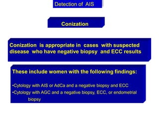 Conization is appropriate in cases with suspected
disease who have negative biopsy and ECC results
Detection of AIS
Conization
These include women with the following findings:
•Cytology with AIS or AdCa and a negative biopsy and ECC
•Cytology with AGC and a negative biopsy, ECC, or endometrial
biopsy
 