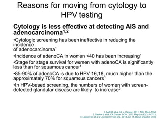 Cytology is less effective at detecting AIS and
adenocarcinoma1,2
•Cytologic screening has been ineffective in reducing the
incidence
of adenocarcinoma1
•Incidence of adenoCA in women <40 has been increasing1
•Stage for stage survival for women with adenoCA is significantly
less than for squamous cancer1
•85-90% of adenoCA is due to HPV 16,18, much higher than the
approximately 70% for squamous cancers1
•In HPV-based screening, the numbers of women with screen-
detected glandular disease are likely to increase2
1. Ault KA et al. Int. J. Cancer. 2011; 128, 1344–1353;
2. Saslow d et al. CA Cancer J Clin. 2012 May-Jun;62(3):147-72;
3. Leeson SC et al J Low Genit Tract Dis.. 2013 Jun 14. [Epub ahead of print].
Reasons for moving from cytology to
HPV testing
 