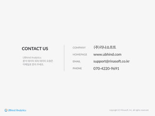 copyright (C) Rinasoft, Inc. all rights reserved.
CONTACT  US
HOMEPAGE www.ubhind.com
EMAIL support@rinaso8.co.kr
COMPANY (주)리나소프트
PHONE 070-­‐4220-­‐9691
UBhind Analytics
분석 데이터 외의 데이터 요청은
이메일로 문의 주세요.
 