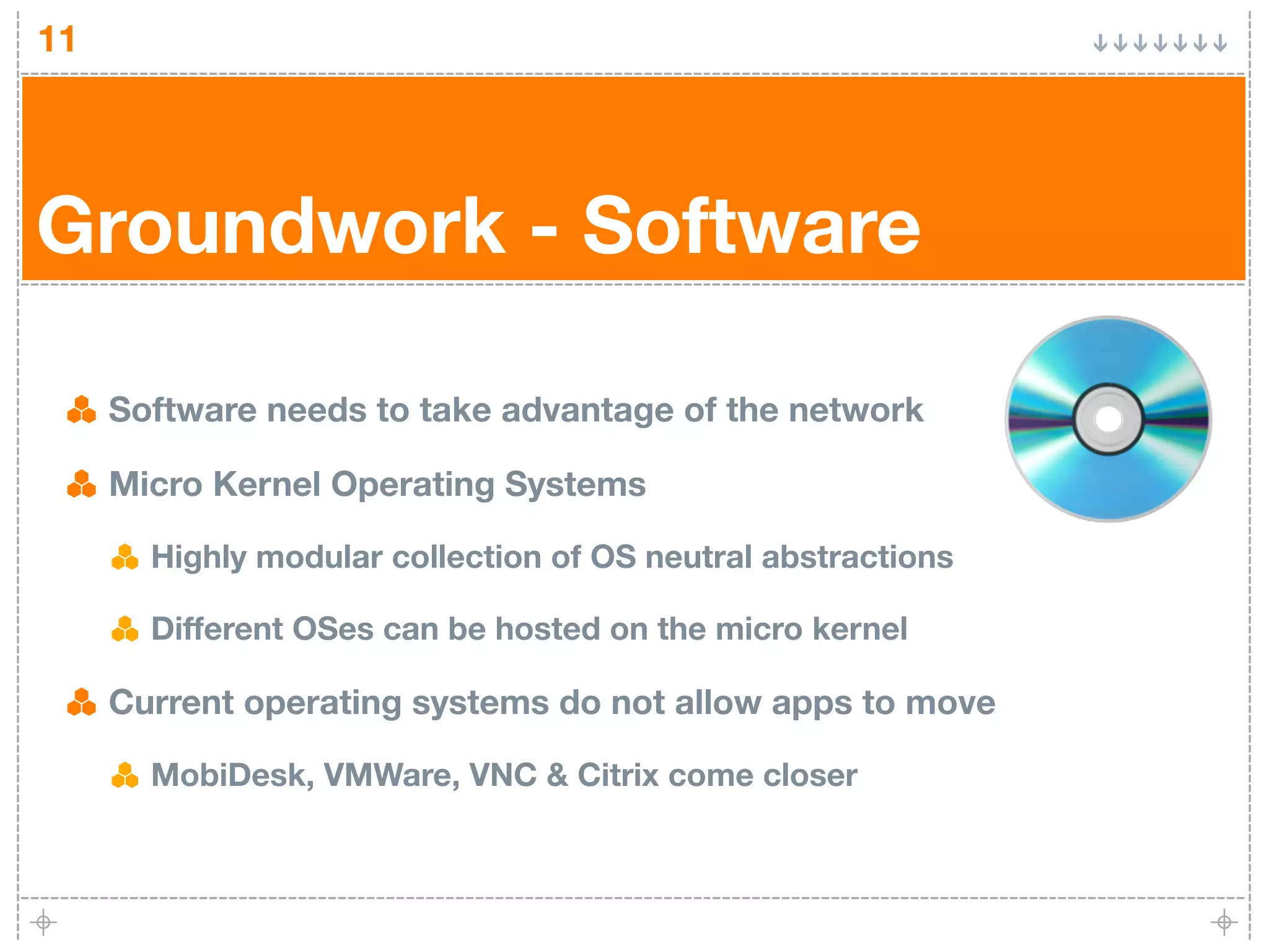 11




Groundwork - Software

     Software needs to take advantage of the network

     Micro Kernel Operating Systems

       Highly modular collection of OS neutral abstractions

       Different OSes can be hosted on the micro kernel

     Current operating systems do not allow apps to move

       MobiDesk, VMWare, VNC & Citrix come closer
 