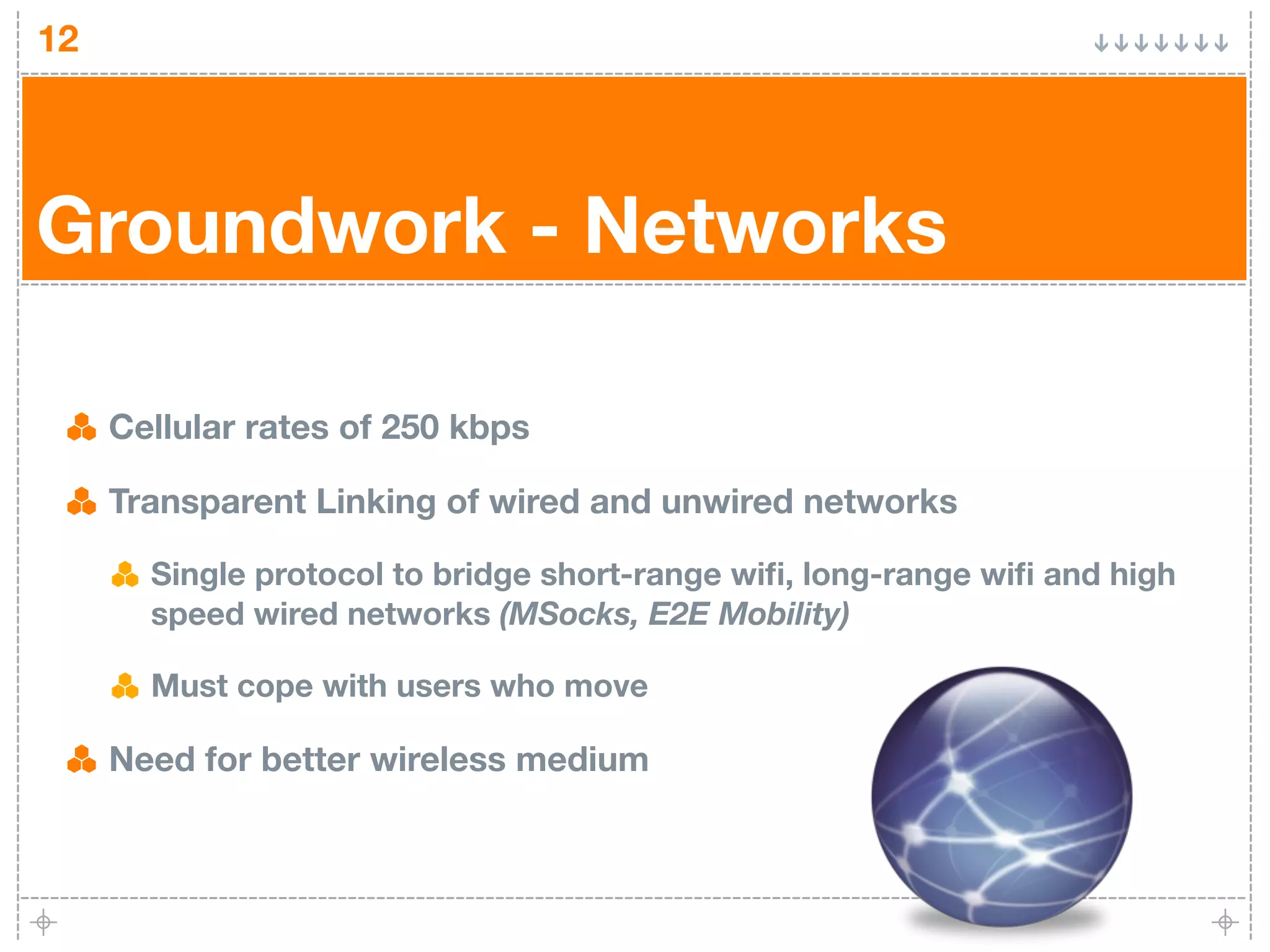 12




Groundwork - Networks

     Cellular rates of 250 kbps

     Transparent Linking of wired and unwired networks

       Single protocol to bridge short-range wiﬁ, long-range wiﬁ and high
       speed wired networks (MSocks, E2E Mobility)

       Must cope with users who move

     Need for better wireless medium
 