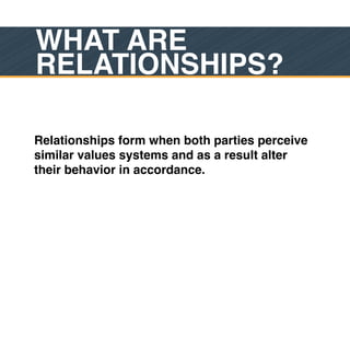 WHAT ARE
RELATIONSHIPS?

Relationships form when both parties perceive
similar values systems and as a result alter
their behavior in accordance.
 