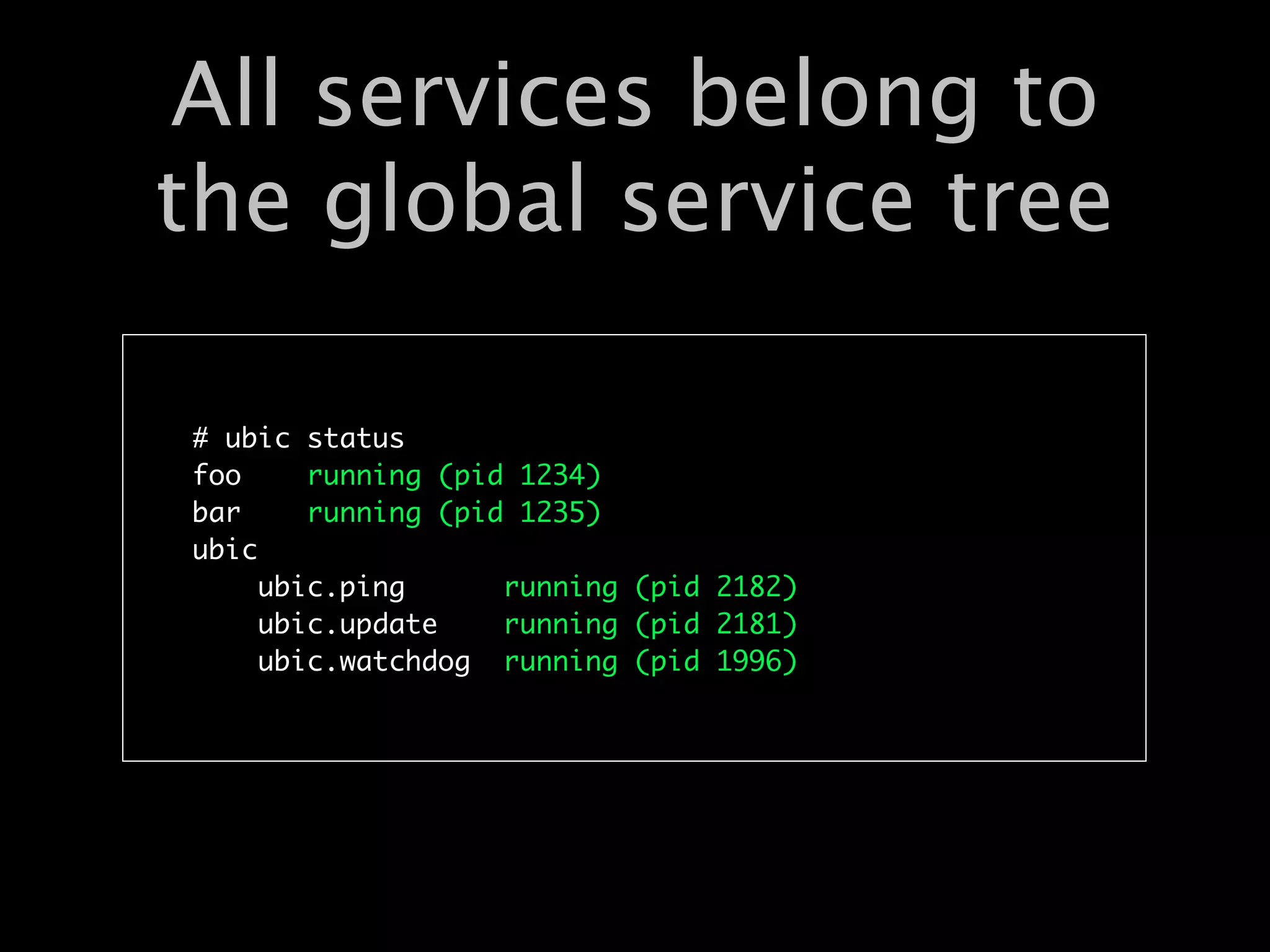 All services belong to
the global service tree

# ubic status
foo     running (pid 1234)
bar     running (pid 1235)
ubic
     ubic.ping      running (pid 2182)
     ubic.update    running (pid 2181)
     ubic.watchdog running (pid 1996)
 