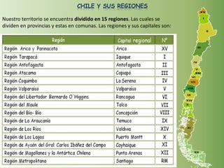 Nuestro territorio se encuentra dividido en 15 regiones. Las cuales se
dividen en provincias y estas en comunas. Las regiones y sus capitales son:
CHILE Y SUS REGIONES