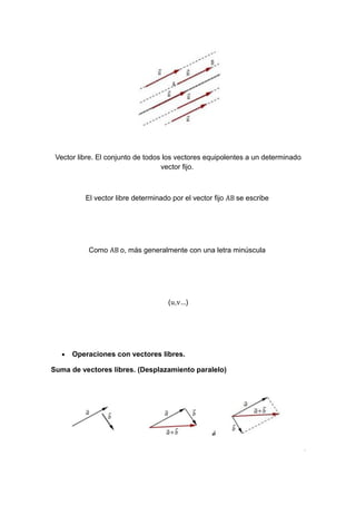 Vector libre. El conjunto de todos los vectores equipolentes a un determinado
vector fijo.
El vector libre determinado por el vector fijo AB se escribe
Como AB o, más generalmente con una letra minúscula

(u,v…)

•

Operaciones con vectores libres.

Suma de vectores libres. (Desplazamiento paralelo)

 