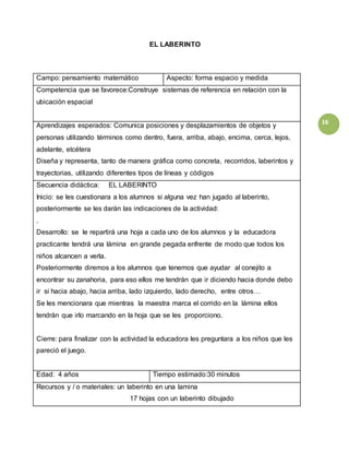 16
EL LABERINTO
Campo: pensamiento matemático Aspecto: forma espacio y medida
Competencia que se favorece:Construye sistemas de referencia en relación con la
ubicación espacial
Aprendizajes esperados: Comunica posiciones y desplazamientos de objetos y
personas utilizando términos como dentro, fuera, arriba, abajo, encima, cerca, lejos,
adelante, etcétera
Diseña y representa, tanto de manera gráfica como concreta, recorridos, laberintos y
trayectorias, utilizando diferentes tipos de líneas y códigos
Secuencia didáctica: EL LABERINTO
Inicio: se les cuestionara a los alumnos si alguna vez han jugado al laberinto,
posteriormente se les darán las indicaciones de la actividad:
.
Desarrollo: se le repartirá una hoja a cada uno de los alumnos y la educadora
practicante tendrá una lámina en grande pegada enfrente de modo que todos los
niños alcancen a verla.
Posteriormente diremos a los alumnos que tenemos que ayudar al conejito a
encontrar su zanahoria, para eso ellos me tendrán que ir diciendo hacia donde debo
ir si hacia abajo, hacia arriba, lado izquierdo, lado derecho, entre otros…
Se les mencionara que mientras la maestra marca el corrido en la lámina ellos
tendrán que irlo marcando en la hoja que se les proporciono.
Cierre: para finalizar con la actividad la educadora les preguntara a los niños que les
pareció el juego.
Edad: 4 años Tiempo estimado:30 minutos
Recursos y / o materiales: un laberinto en una lamina
17 hojas con un laberinto dibujado
 