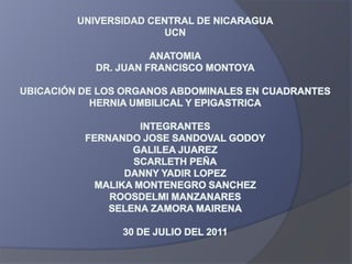 UNIVERSIDAD CENTRAL DE NICARAGUAUCNANATOMIADR. JUAN FRANCISCO MONTOYAUBICACIÓN DE LOS ORGANOS ABDOMINALES EN CUADRANTESHERNIA UMBILICAL Y EPIGASTRICAINTEGRANTESFERNANDO JOSE SANDOVAL GODOYGALILEA JUAREZSCARLETH PEÑADANNY YADIR LOPEZMALIKA MONTENEGRO SANCHEZROOSDELMI MANZANARESSELENA ZAMORA MAIRENA30 DE JULIO DEL 2011 