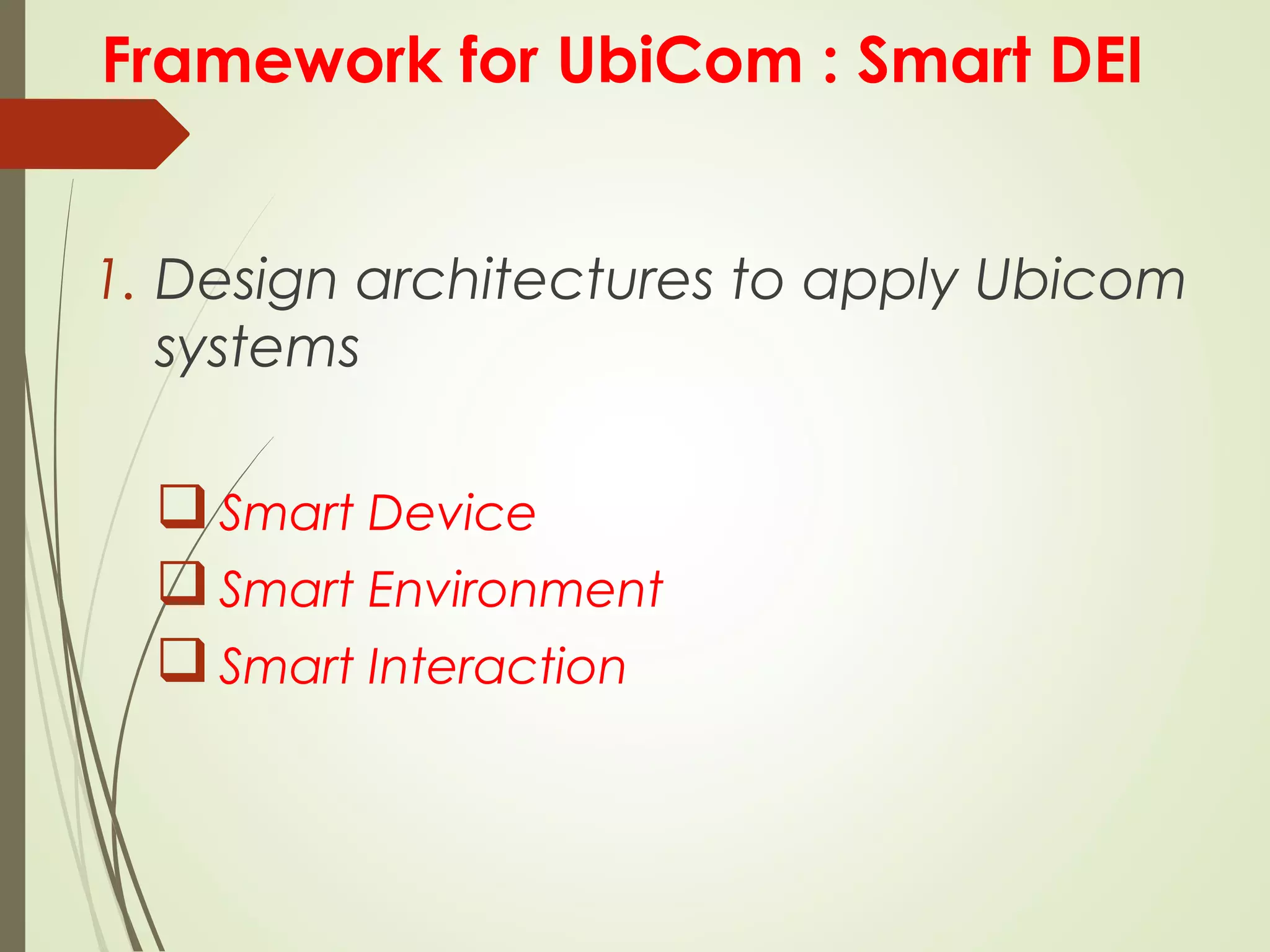 Framework for UbiCom : Smart DEI
1. Design architectures to apply Ubicom
systems
Smart Device
Smart Environment
Smart Interaction
 