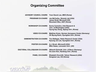 Organizing Committee ADVISORY COUNCIL CHAIRS Yoon Deock Lee,  MKE (Korea) PROGRAM CO-CHAIRS Joe McCarthy,  Strands Lab (USA) James Scott,  Microsoft (UK) Woontack Woo,  GIST (Korea) WORKSHOP CO-CHAIRS Sunny Consolvo,  Intel Research &  Univ. of Washington (USA) Hyung Kyu Song,  Sejong Univ. (Korea) VIDEO CO-CHAIRS Matthias Kranz,  German Aerospace Center (Germany) Oh Byung Kwon,  Kyunghee Univ. (Korea) DEMONSTRATION CO-CHAIRS Tico Ballagas,  Nokia Research Center (USA) Kyoung Jun Lee,  Kyunghee Univ. (Korea) POSTER CO-CHAIRS A.J. Brush,  Microsoft (USA) Mike Hazas,  Lancaster Univ. (UK) DOCTORAL COLLOQUIUM CO-CHAIRS Albrecht Schmidt,  Univ. of Bonn (Germany) Ho-Joon Kim,  Handong Univ. (Korea) PANEL CO-CHAIRS Elizabeth Churchill,  Yahoo! Research (USA) Dongman Lee,  ICU (Korea) 