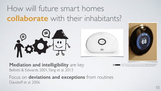 10 
How will future smart homes 
collaborate with their inhabitants? 
Mediation and intelligibility are key 
Bellotti & Edwards 2001, Yang et al. 2013 
Focus on deviations and exceptions from routines 
Davidoff et al. 2006 
‘Nest Diamond Thermostat by Grant Sewell. https://flic.kr/p/bDyiFM 
License at https://creativecommons.org/licenses/by-sa/2.0/deed.en 
 
