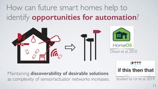 11 
How can future smart homes help to 
identify opportunities for automation? 
Maintaining discoverability of desirable solutions 
as complexity of sensor/actuator networks increases. 
Dixon et al. 2010 
studied by Ur et al. 2014 
 