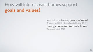 12 
How will future smart homes support 
goals and values? 
Interest in achieving peace of mind 
Brush et al. 2011, Mennicken & Huang 2012 
Feeling connected to one’s home 
Takayama et al. 2012 
 