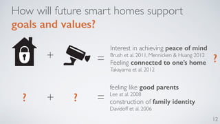 12 
How will future smart homes support 
goals and values? 
Interest in achieving peace of mind 
Brush et al. 2011, Mennicken & Huang 2012 
Feeling connected to one’s home 
Takayama et al. 2012 
+ = ? 
? + ? = 
feeling like good parents 
Lee at al. 2008 
construction of family identity 
Davidoff et al. 2006 
 