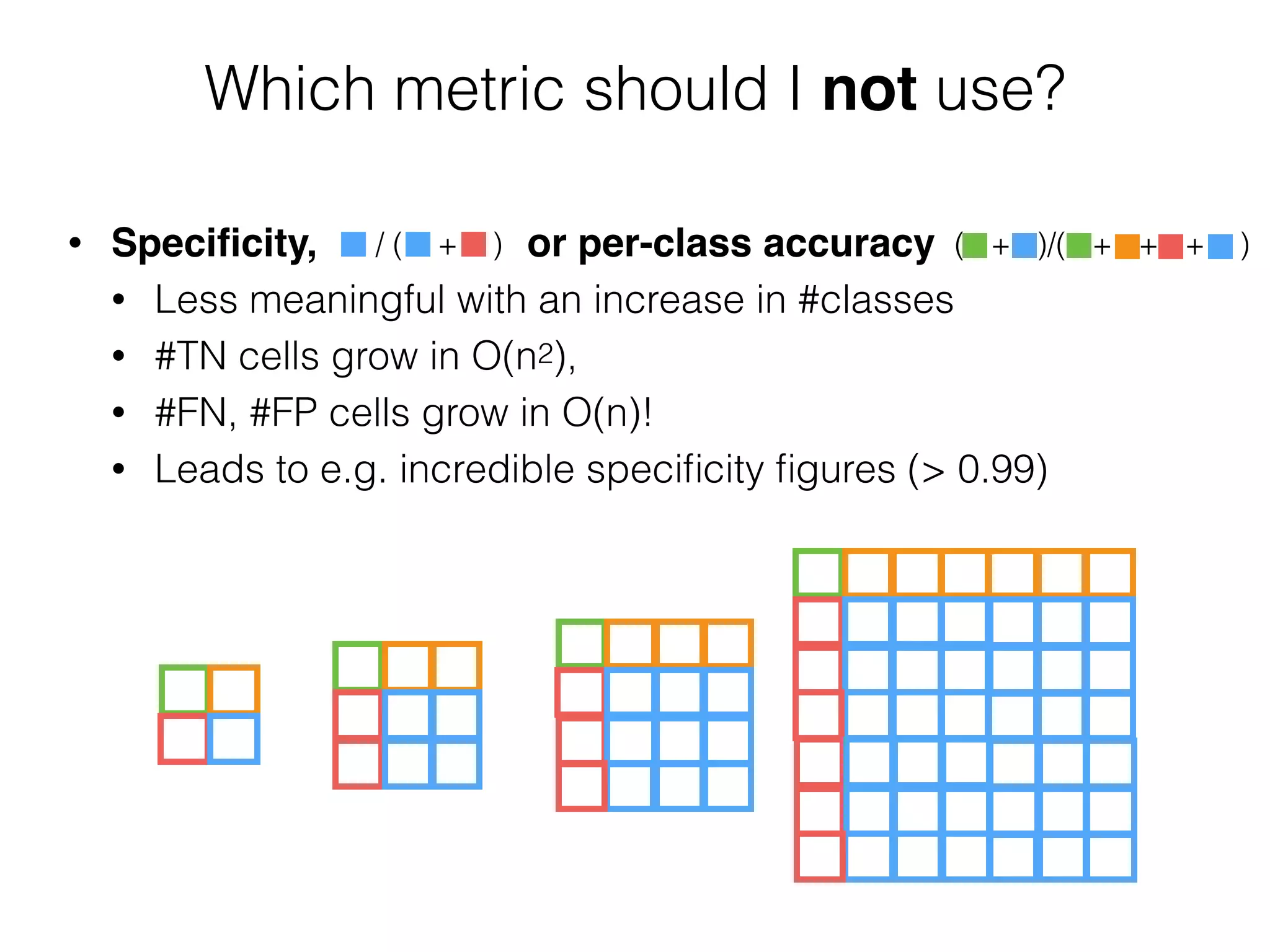 Which metric should I not use?
• Speciﬁcity, or per-class accuracy
• Less meaningful with an increase in #classes
• #TN cells grow in O(n2),
• #FN, #FP cells grow in O(n)!
• Leads to e.g. incredible speciﬁcity ﬁgures (> 0.99)
/ ( + ) ( + )/( + + + )
 