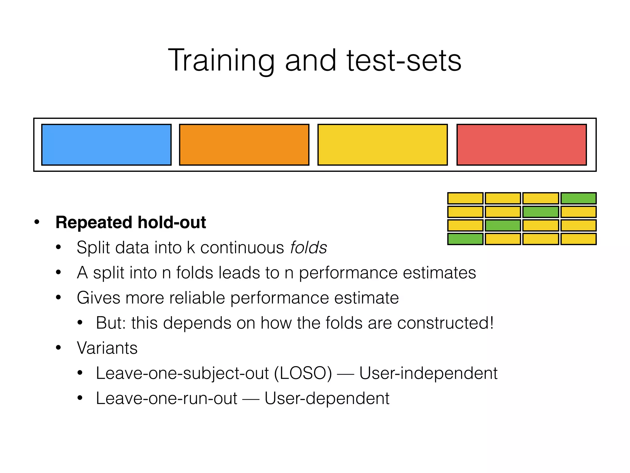 Training and test-sets
• Repeated hold-out
• Split data into k continuous folds
• A split into n folds leads to n performance estimates
• Gives more reliable performance estimate
• But: this depends on how the folds are constructed!
• Variants
• Leave-one-subject-out (LOSO) — User-independent
• Leave-one-run-out — User-dependent
 