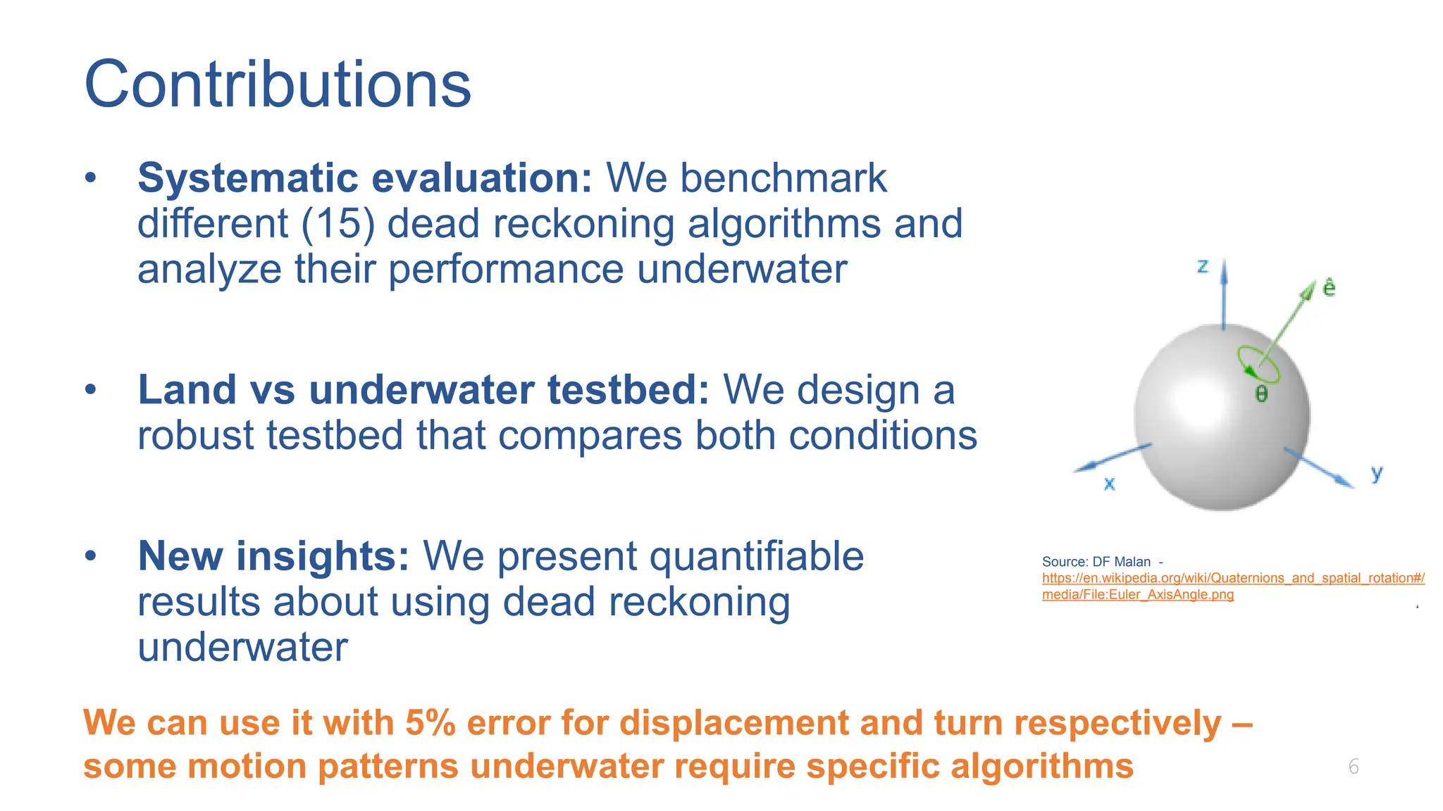 Contributions
• Systematic evaluation: We benchmark
different (15) dead reckoning algorithms and
analyze their performance underwater
• Land vs underwater testbed: We design a
robust testbed that compares both conditions
• New insights: We present quantifiable
results about using dead reckoning
underwater
6
We can use it with 5% error for displacement and turn respectively –
some motion patterns underwater require specific algorithms
Source: DF Malan -
https://en.wikipedia.org/wiki/Quaternions_and_spatial_rotation#/
media/File:Euler_AxisAngle.png
 