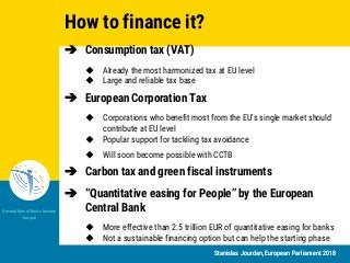 Stanislas Jourdan, European Parliament 2018
Unconditional Basic Income
Europe
Stanislas Jourdan, European Parliament 2018
➔ Consumption tax (VAT)
◆ Already the most harmonized tax at EU level
◆ Large and reliable tax base
➔ European Corporation Tax
◆ Corporations who benefit most from the EU’s single market should
contribute at EU level
◆ Popular support for tackling tax avoidance
◆ Will soon become possible with CCTB
➔ Carbon tax and green fiscal instruments
➔ “Quantitative easing for People” by the European
Central Bank
◆ More effective than 2.5 trillion EUR of quantitative easing for banks
◆ Not a sustainable financing option but can help the starting phase
How to finance it?
 
