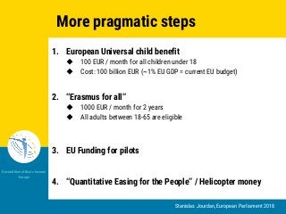 Stanislas Jourdan, European Parliament 2018
Unconditional Basic Income
Europe
1. European Universal child benefit
◆ 100 EUR / month for all children under 18
◆ Cost: 100 billion EUR (~1% EU GDP = current EU budget)
2. “Erasmus for all”
◆ 1000 EUR / month for 2 years
◆ All adults between 18-65 are eligible
3. EU Funding for pilots
4. “Quantitative Easing for the People” / Helicopter money
More pragmatic steps
 