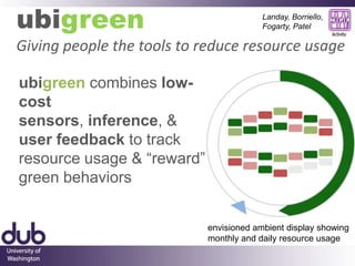 Landay, Borriello,  Fogarty, Patel ubigreenGiving people the tools to reduce resource usageubigreencombines low-cost sensors, inference, & user feedback to track resource usage & “reward” green behaviorsenvisioned ambient display showing monthly and daily resource usage