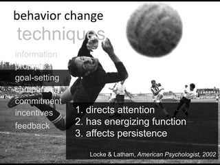 behavior changetechniques informationpromptsgoal-settingcomparisoncommitment directs attention has energizing function affects persistenceLocke & Latham, American Psychologist, 2002incentivesfeedback