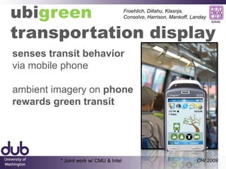 Froehlich, Dillahu, Klasnja, Consolvo, Harrison, Mankoff, Landayubigreentransportation displaysenses transit behavior via mobile phoneambient imagery on phone rewards green transitCHI 2009* Joint work w/ CMU & Intel