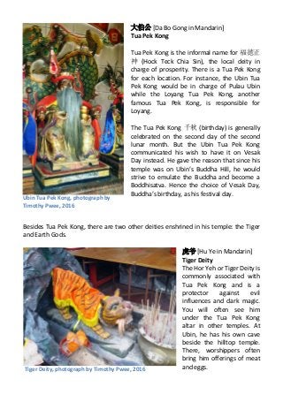 大伯公 [Da Bo Gong in Mandarin]
Tua Pek Kong
Tua Pek Kong is the informal name for 福徳正
神 (Hock Teck Chia Sin), the local deity in
charge of prosperity. There is a Tua Pek Kong
for each location. For instance, the Ubin Tua
Pek Kong would be in charge of Pulau Ubin
while the Loyang Tua Pek Kong, another
famous Tua Pek Kong, is responsible for
Loyang.
The Tua Pek Kong 千秋 (birthday) is generally
celebrated on the second day of the second
lunar month. But the Ubin Tua Pek Kong
communicated his wish to have it on Vesak
Day instead. He gave the reason that since his
temple was on Ubin’s Buddha Hill, he would
strive to emulate the Buddha and become a
Boddhisatva. Hence the choice of Vesak Day,
Buddha’s birthday, as his festival day.
Besides Tua Pek Kong, there are two other deities enshrined in his temple: the Tiger
and Earth Gods.
虎爷 [Hu Ye in Mandarin]
Tiger Deity
The Hor Yeh or Tiger Deity is
commonly associated with
Tua Pek Kong and is a
protector against evil
influences and dark magic.
You will often see him
under the Tua Pek Kong
altar in other temples. At
Ubin, he has his own cave
beside the hilltop temple.
There, worshippers often
bring him offerings of meat
and eggs.
Ubin Tua Pek Kong, photograph by
Timothy Pwee, 2016
Tiger Deity, photograph by Timothy Pwee, 2016
 