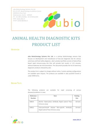 ubio Veterinary Test Product List