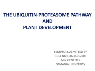 THE UBIQUITIN-PROTEASOME PATHWAY
AND
PLANT DEVELOPMENT
SEMINAR SUBMITTED BY
ROLL NO:100714517008
MSc GENETICS
OSMANIA UNIVERSITY
 