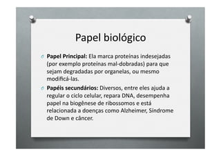 Papel	
  biológico	
  
O 	
  	
  Papel	
  Principal:	
  Ela	
  marca	
  proteínas	
  indesejadas	
  
          (por	
  exemplo	
  proteínas	
  mal-­‐dobradas)	
  para	
  que	
  
          sejam	
  degradadas	
  por	
  organelas,	
  ou	
  mesmo	
  
          modiﬁcá-­‐las.	
  
O 	
  	
  Papéis	
  secundários:	
  Diversos,	
  entre	
  eles	
  ajuda	
  a	
  
          regular	
  o	
  ciclo	
  celular,	
  repara	
  DNA,	
  desempenha	
  
          papel	
  na	
  biogênese	
  de	
  ribossomos	
  e	
  está	
  
          relacionada	
  a	
  doenças	
  como	
  Alzheimer,	
  Síndrome	
  
          de	
  Down	
  e	
  câncer.	
  
 