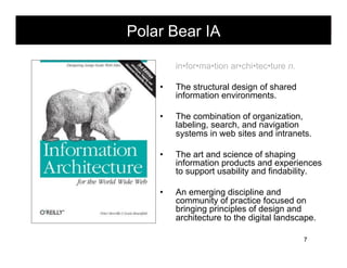 Polar Bear IA

         in•for•ma•tion ar•chi•tec•ture n.

    •    The structural design of shared
         information e...