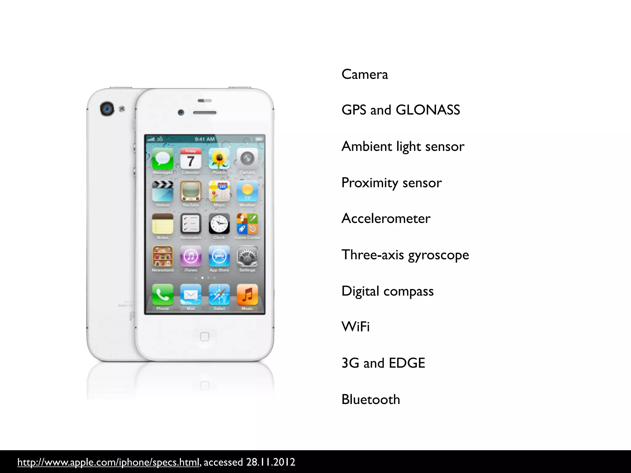 Camera

                                                              GPS and GLONASS

                                                              Ambient light sensor

                                                              Proximity sensor

                                                              Accelerometer

                                                              Three-axis gyroscope

                                                              Digital compass

                                                              WiFi

                                                              3G and EDGE

                                                              Bluetooth



http://www.apple.com/iphone/specs.html, accessed 28.11.2012
 