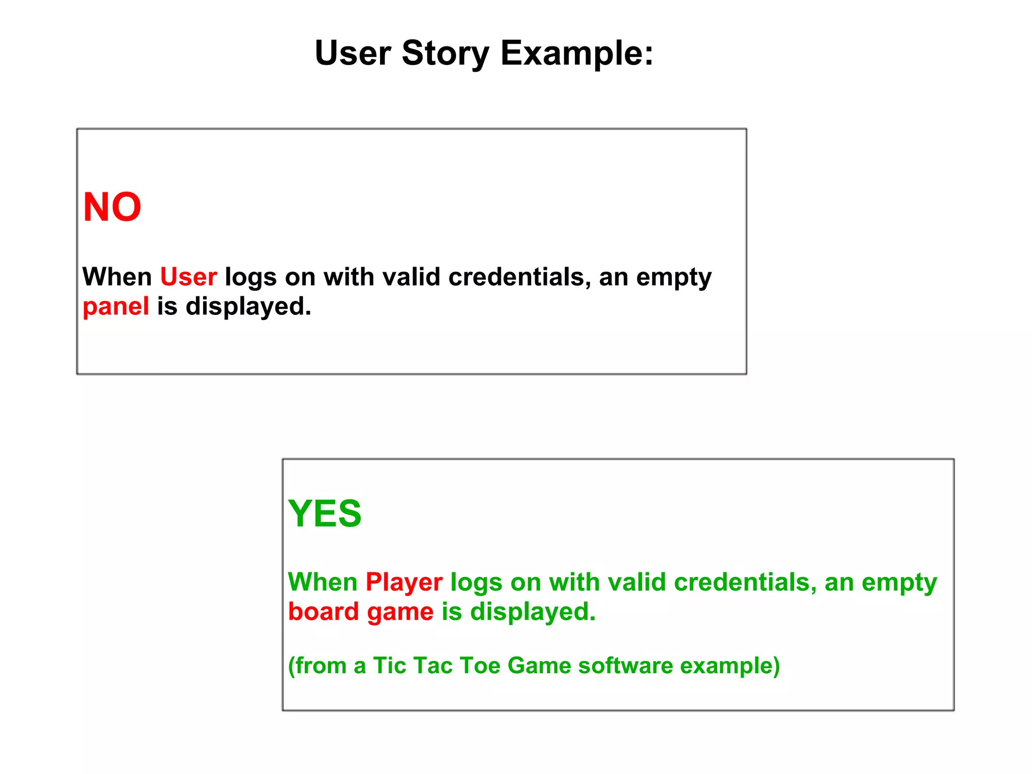 NO When  User  logs on with valid credentials, an empty  panel  is displayed. User Story Example: YES When  Player  logs on with valid credentials, an empty  board game  is displayed.  (from a Tic Tac Toe Game software example) 
