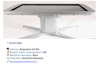 > Smart table
Schermo: Risoluzione full HD.
Massimi Tocchi contemporanei: >40
Metodi di interazione: Mani
Produttore: SmartTech Education
http://education.smarttech.com/
 