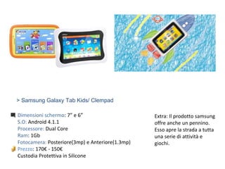 > Samsung Galaxy Tab Kids/ Clempad
Dimensioni schermo: 7” e 6”
S.O: Android 4.1.1
Processore: Dual Core
Ram: 1Gb
Fotocamera: Posteriore(3mp) e Anteriore(1.3mp)
Prezzo: 170€ - 150€
Custodia Protettiva in Silicone
Extra: Il prodotto samsung
offre anche un pennino.
Esso apre la strada a tutta
una serie di attività e
giochi.
 
