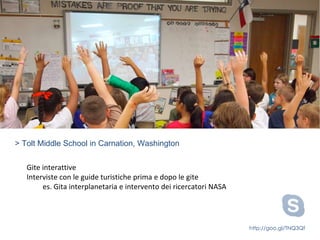 > Tolt Middle School in Carnation, Washington
http://goo.gl/TNQ3Qf
Gite interattive
Interviste con le guide turistiche prima e dopo le gite
es. Gita interplanetaria e intervento dei ricercatori NASA
 