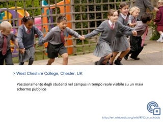 > West Cheshire College, Chester, UK
Posizionamento degli studenti nel campus in tempo reale visibile su un maxi
schermo pubblico
http://en.wikipedia.org/wiki/RFID_in_schools
 