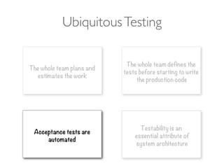 UbiquitousTesting
Testability is an
essential attribute of
system architecture
The whole team plans and
estimates the work
Acceptance tests are
automated
The whole team defines the
tests before starting to write
the production code
 