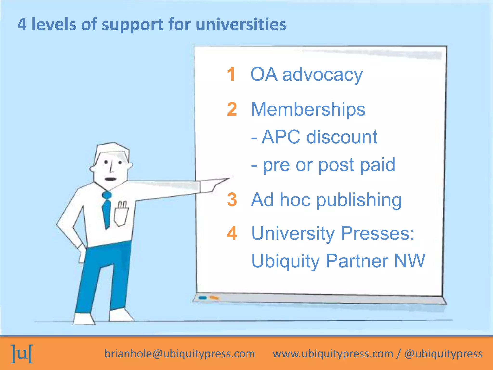 4 levels of support for universities 
1 OA advocacy 
2 Memberships 
- APC discount 
- pre or post paid 
3 Ad hoc publishing 
4 University Presses: 
Ubiquity Partner NW 
brianhole@ubiquitypress.com www.ubiquitypress.com / @ubiquitypress 
 
