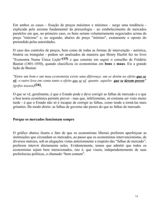 Em ambos os casos - fixação de preços máximos e mínimos - surge uma tendência -
explicada pelo axioma fundamental da praxeologia - ao estabelecimento de mercados
paralelos em que, no primeiro caso, os bens seriam voluntariamente negociados acima do
preço "máximo" e, no segundo, abaixo do preço "mínimo", exatamente o oposto do
pretendido pelas autoridades.

O caso dos controles de preços, bem como de todas as formas de intervenção - autística,
binária ou triangular - podem ser analisados da maneira que Henry Hazlitt fez no livro
"Economia Numa Única Lição"(15) e que consiste em seguir o conselho de Frédéric
Bastiat (1801-1850), quando classificou os economistas em bons e maus. Eis a grande
lição de Bastiat:

"Entre um bom e um mau economista existe uma diferença: um se detém no efeito que se
vê; o outro leva em conta tanto o efeito que se vê quanto aqueles que se devem prever"
(grifos nossos)(16).

O que se vê, geralmente, é que o Estado pode e deve corrigir as falhas de mercado e o que
a boa teoria econômica permite prever - mas que, infelizmente, só costuma ser visto muito
tarde - é que o Estado não só é incapaz de corrigir as falhas, como tende a torná-las mais
gritantes. De modo direto: as falhas de governo são piores do que as falhas de mercado.


Porque os mercados funcionam sempre


O gráfico abaixo ilustra o fato de que os economistas liberais preferem aperfeiçoar as
instituições que circundam os mercados, ao passo que os economistas intervencionistas, de
diversos matizes, sob as alegações vistas anteriormente a respeito das “falhas de mercado”,
preferem intervir diretamente neles. Evidentemente, temos que admitir que todos os
economistas sejam bem intencionados, isto é, que visem, independentemente de suas
preferências políticas, o chamado “bem comum”.




                                                                                   14
 
