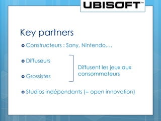 Key partners
 Constructeurs   : Sony, Nintendo,…

 Diffuseurs
                       Diffusent les jeux aux
 Grossistes
                       consommateurs


 Studios   indépendants (= open innovation)
 