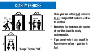 CLARITY EXERCISE
• Write your idea in four short sentences.
Or less.Imagine that you have ~30 sec.
to say them.
• From these four sentences,the essence
of your idea should be clearly
understandable.
• If you cannot write it clear enough in
four sentences or less – your idea is
bad.*Google“Elevator Pitch”
 