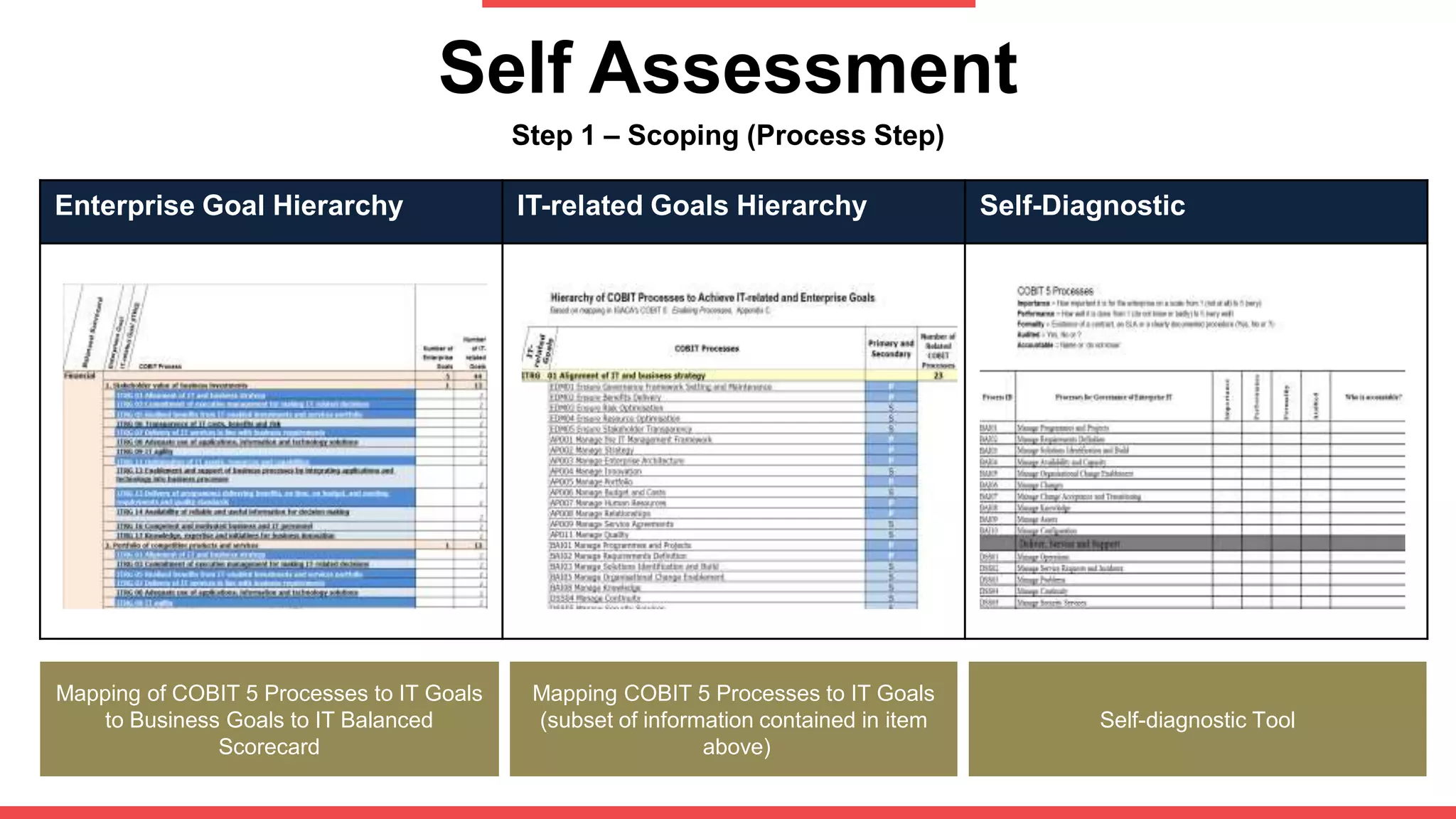 Self Assessment
Step 1 – Scoping (Process Step)
Enterprise Goal Hierarchy IT-related Goals Hierarchy Self-Diagnostic
Mapping of COBIT 5 Processes to IT Goals
to Business Goals to IT Balanced
Scorecard
Mapping COBIT 5 Processes to IT Goals
(subset of information contained in item
above)
Self-diagnostic Tool
 