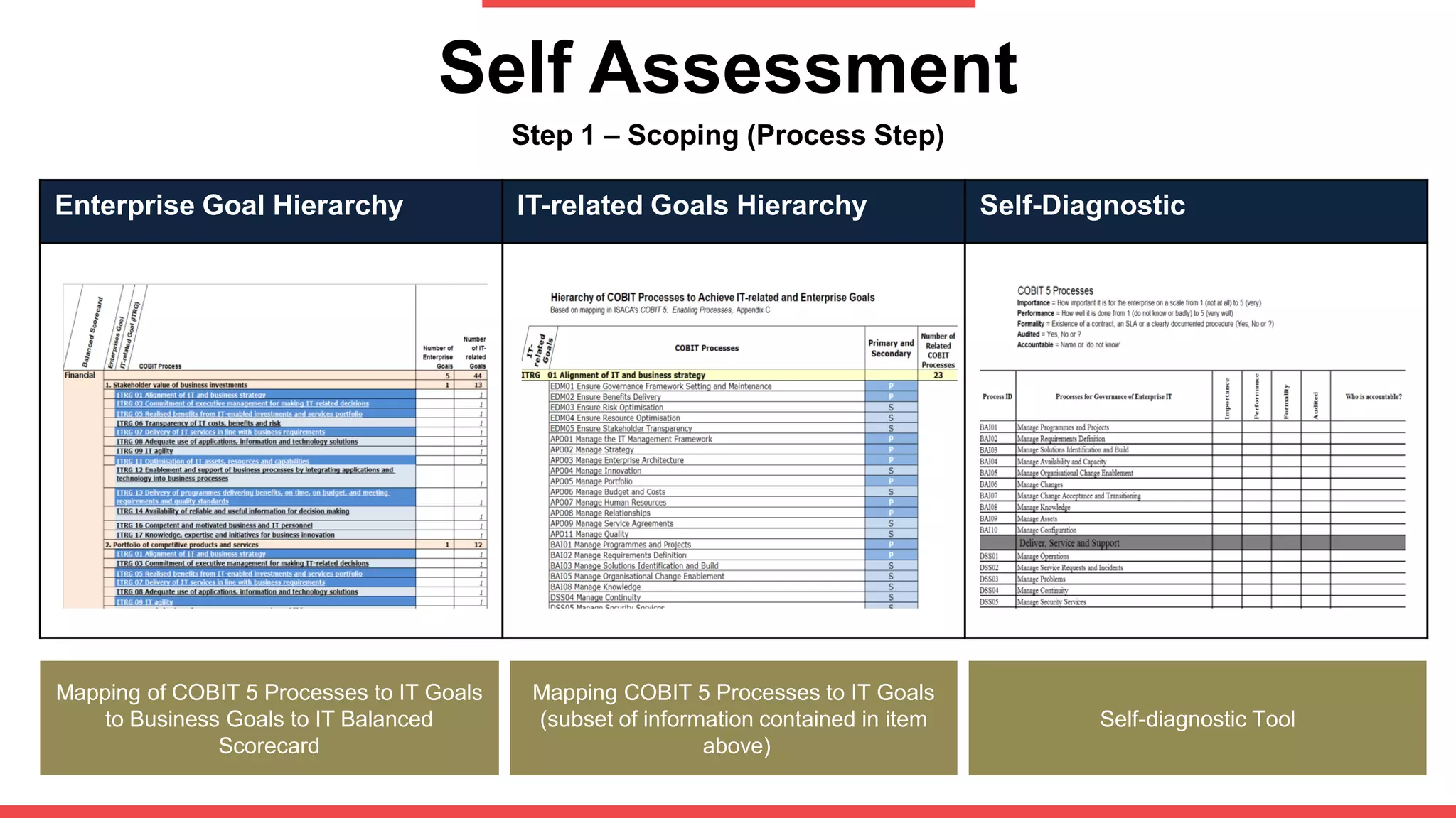 Self Assessment
Step 1 – Scoping (Process Step)
Enterprise Goal Hierarchy IT-related Goals Hierarchy Self-Diagnostic
Mapping of COBIT 5 Processes to IT Goals
to Business Goals to IT Balanced
Scorecard
Mapping COBIT 5 Processes to IT Goals
(subset of information contained in item
above)
Self-diagnostic Tool
 
